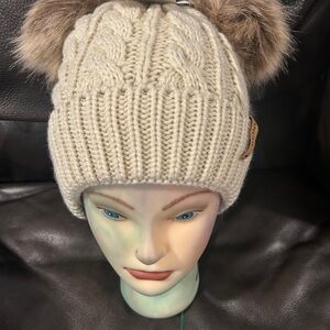 Arctic Paw Cream Knit Beanie with 2 Faux Fur Pom Poms
